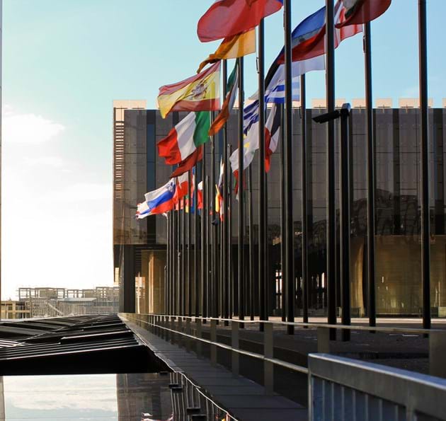 EU country flags outside the European Court of Justice